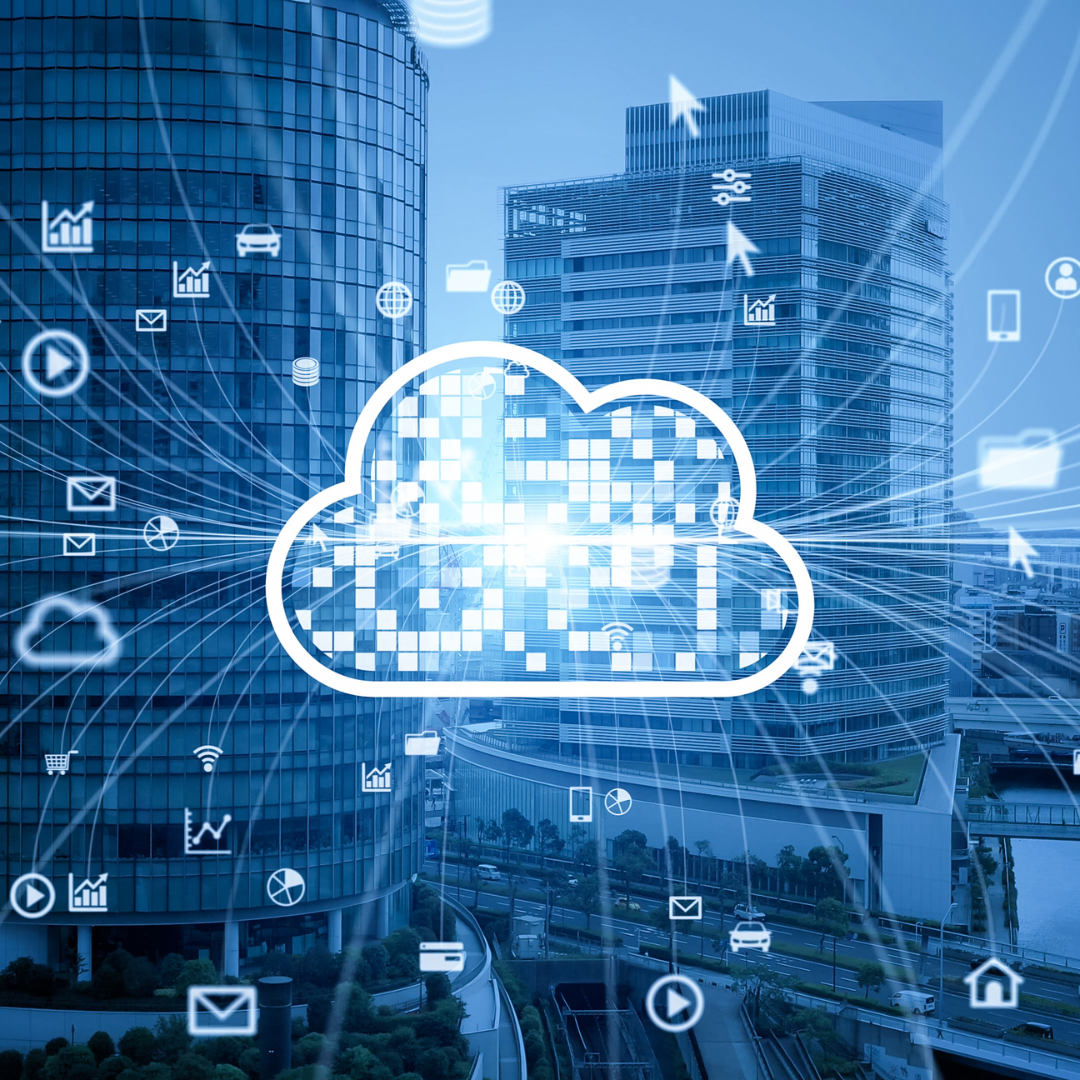 An image of a digital cloud with icons flying around it