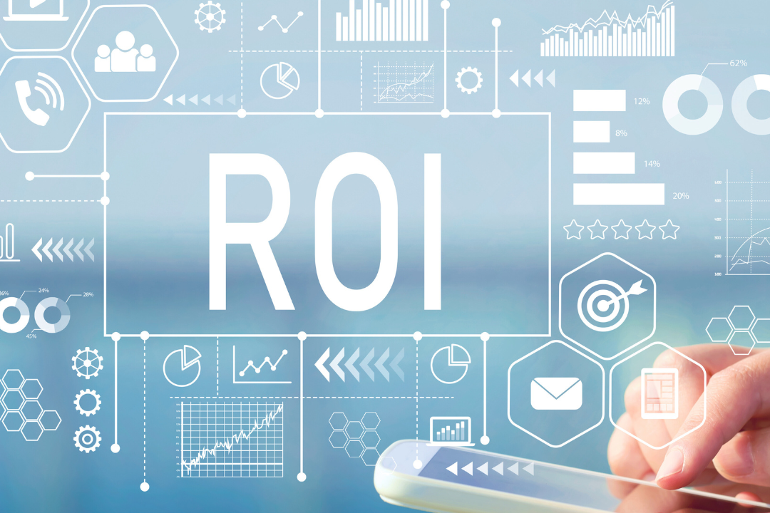 Hand holding a smartphone with 'ROI' and business graphics on a blue background