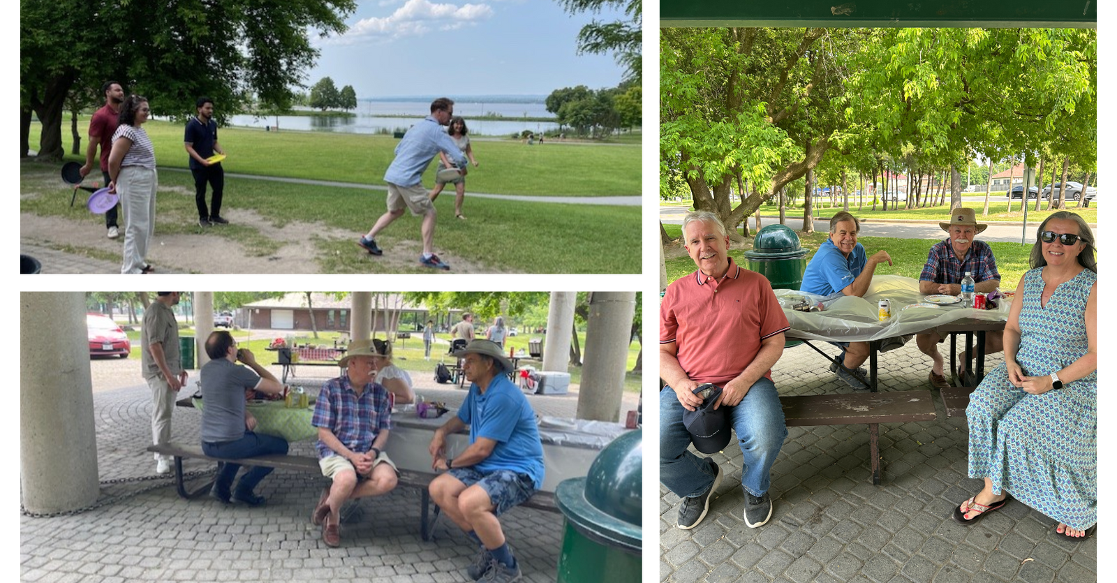 Collage of people enjoying outdoor activities in a park with lakeside views.