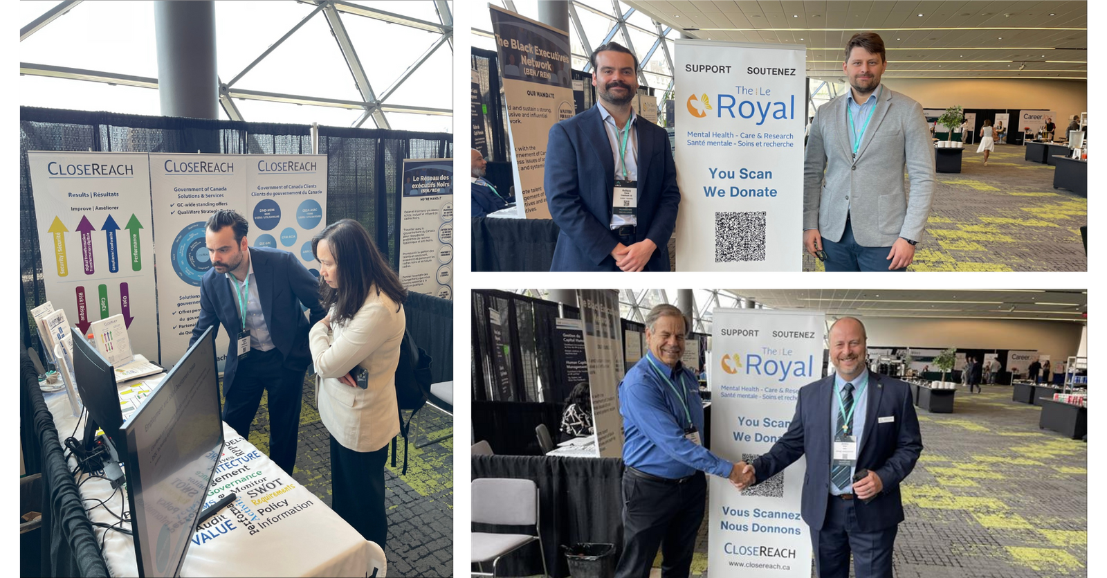 Collage of images from a conference or event with people interacting and displaying Royal and Closer Reach branding.