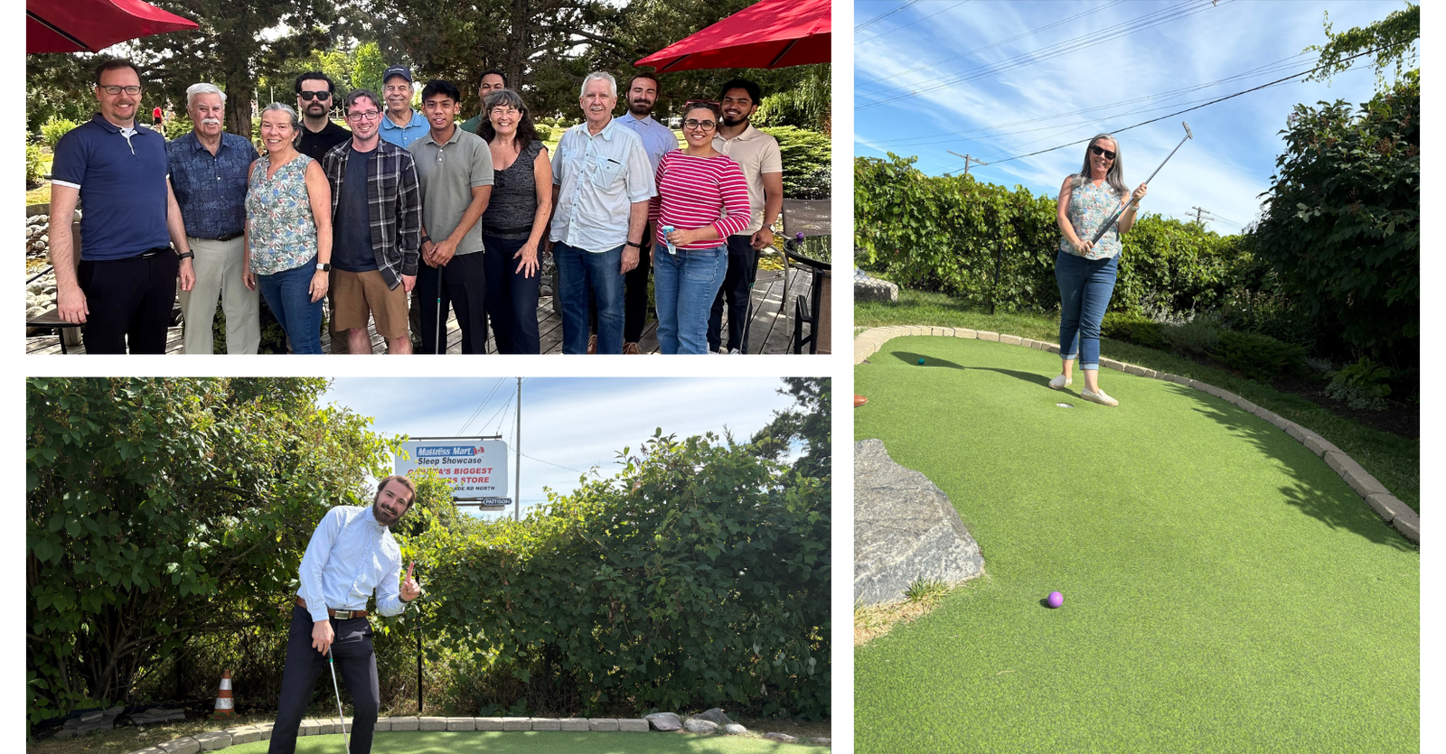 Collage of people posing together, a person playing mini golf, and a person standing outdoors with trees.