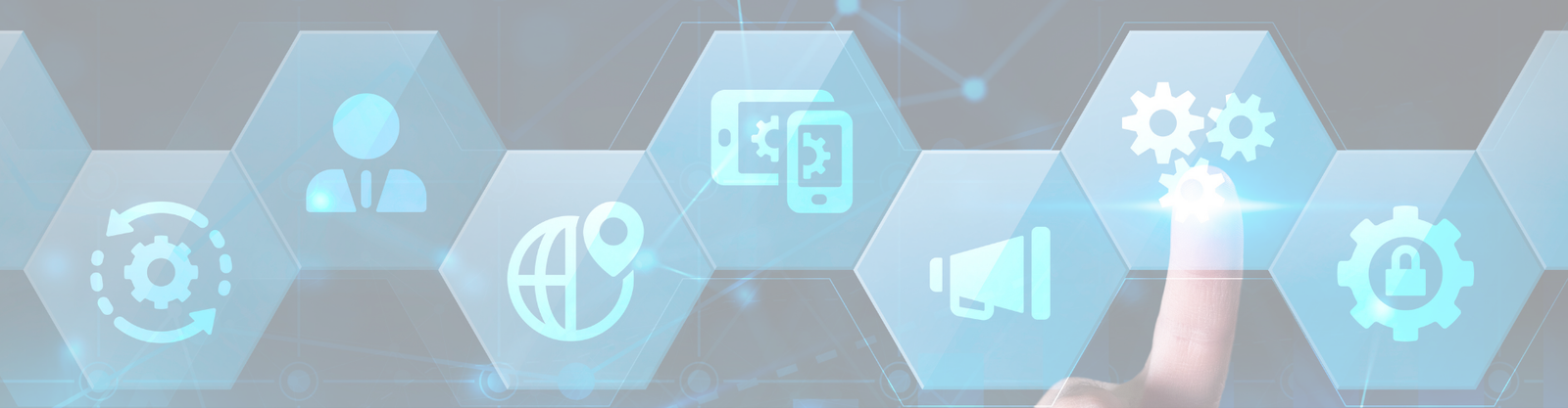 Hexagonal icons with a hand pointing to one of them on a light blue background