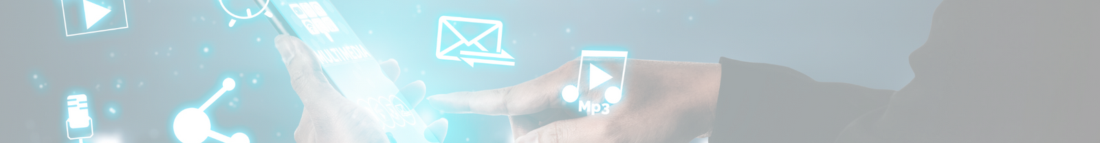 1920x250 Banner of a person pointing at their phone with blue icons flying out of it