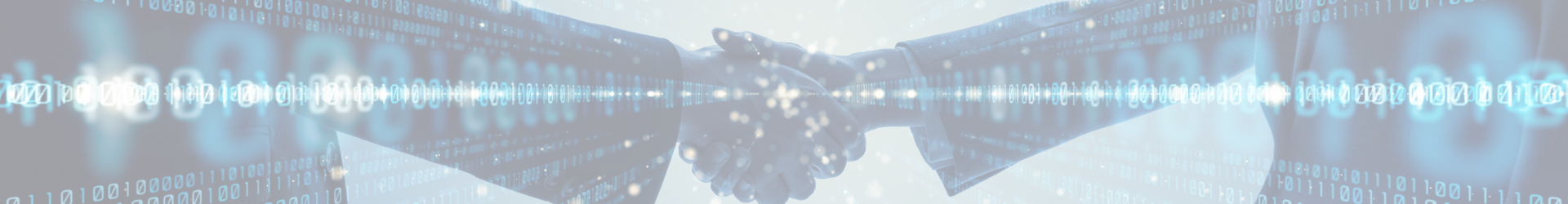 1920x250 Banner of people shaking hands with a blue overlay of binary code