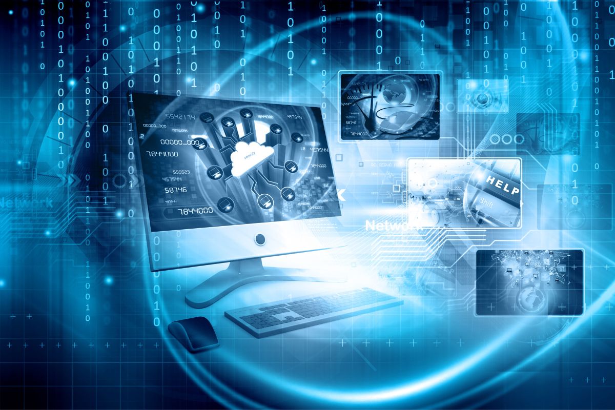 An image of an imac looking at the cloud with a binary code overlay