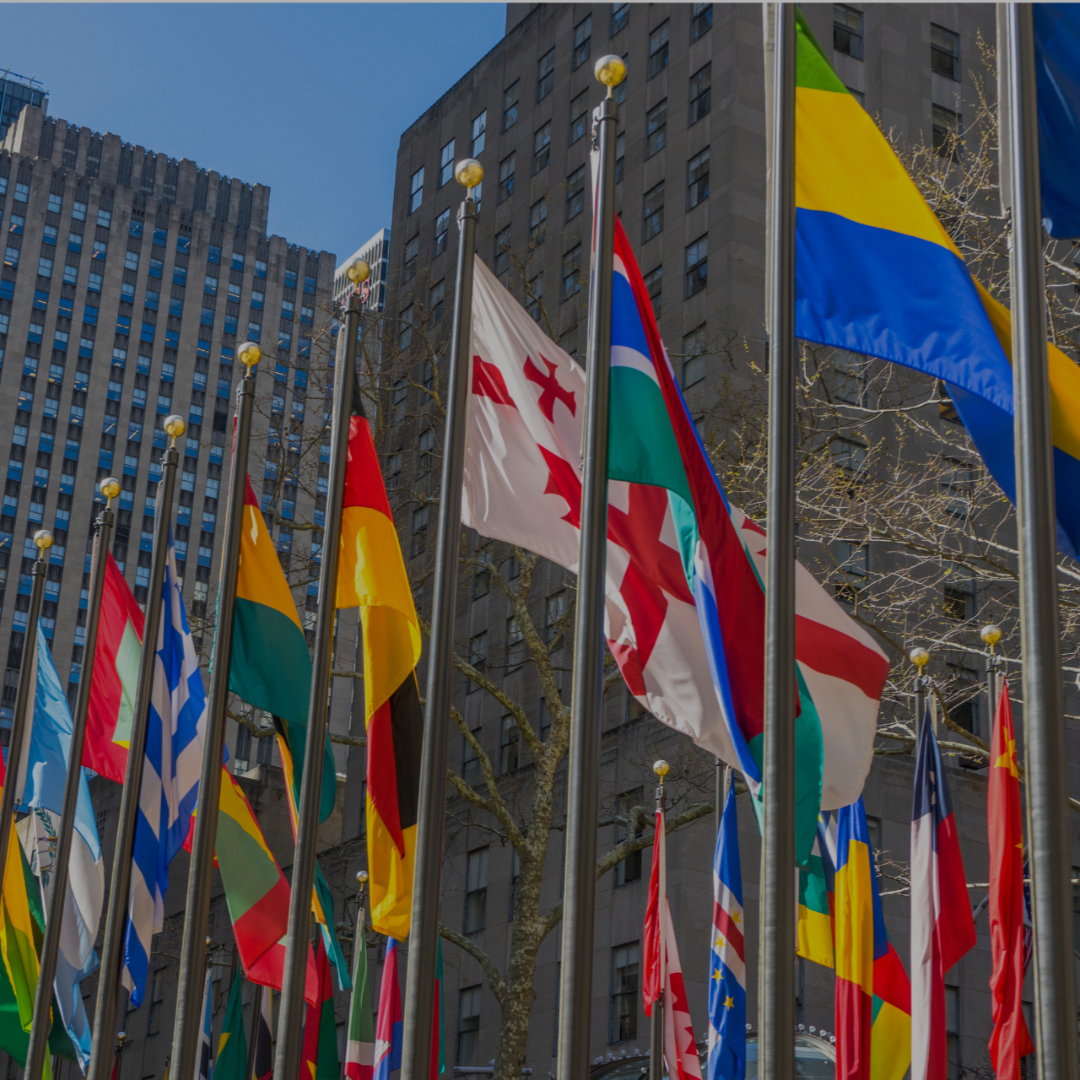 A line of country flags on poles