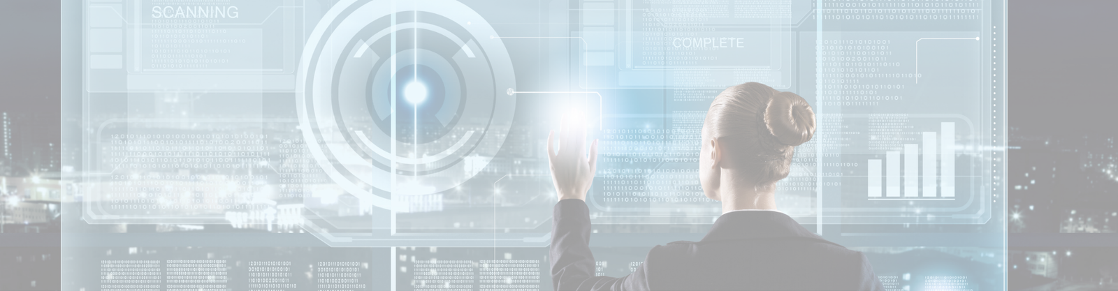Person interacting with futuristic digital interfaces in a high-tech environment