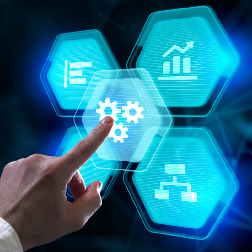 A finger pointing with infographics